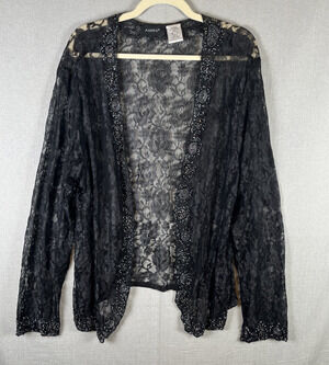 Black Floral Lace Open Front Cardigan Womens Size 1X 22 Boho Whimsigoth Beaded